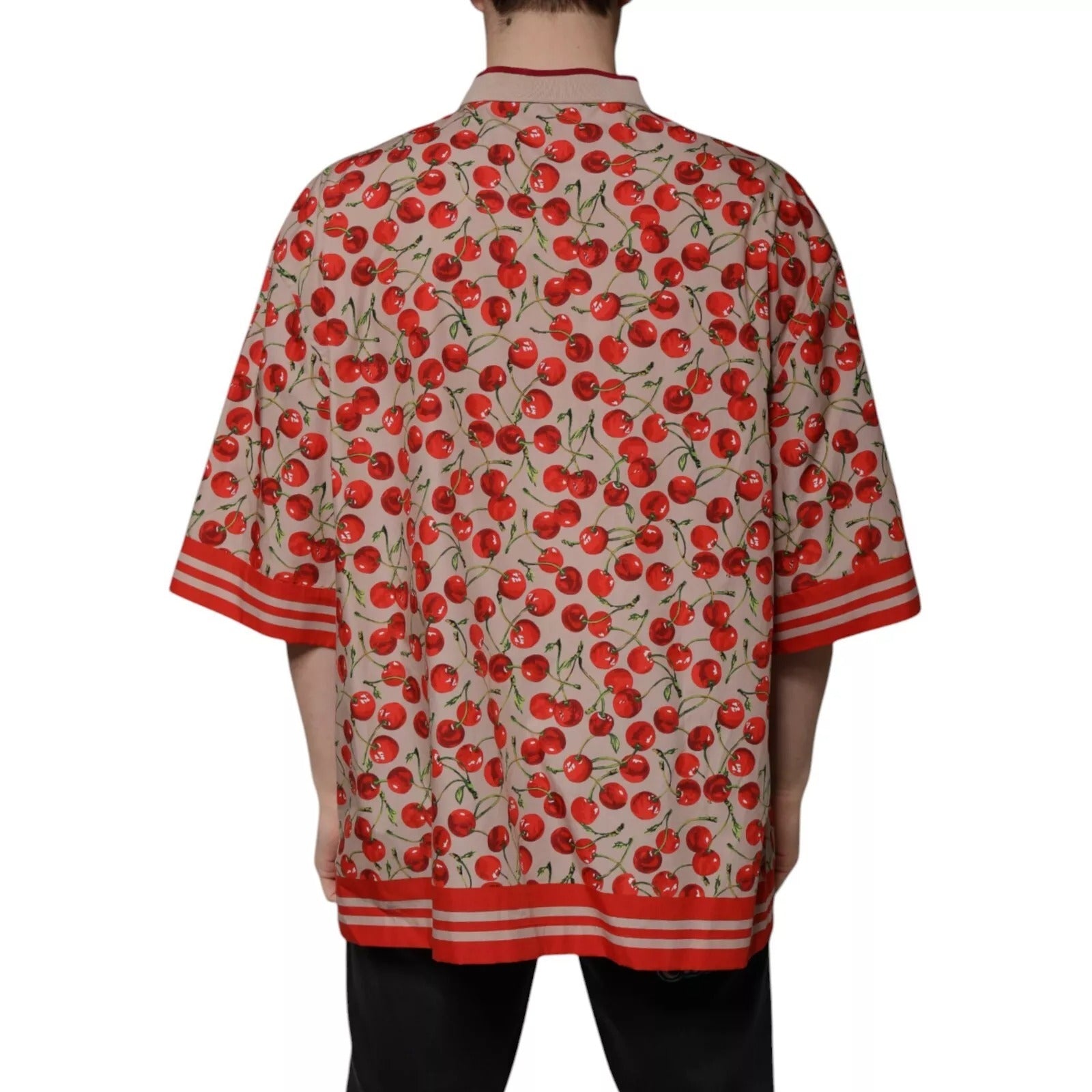 Dolce & Gabbana Beige Cherry Nylon Button-Down Casual Shirt